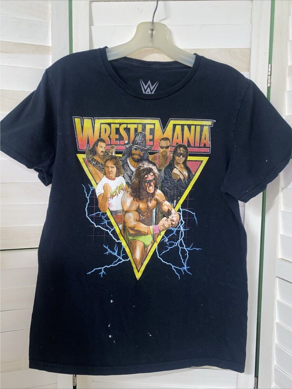 WWE Men’s Cotton T-Shirt WrestleMania Macho Man & More Screen Print Sz Medium